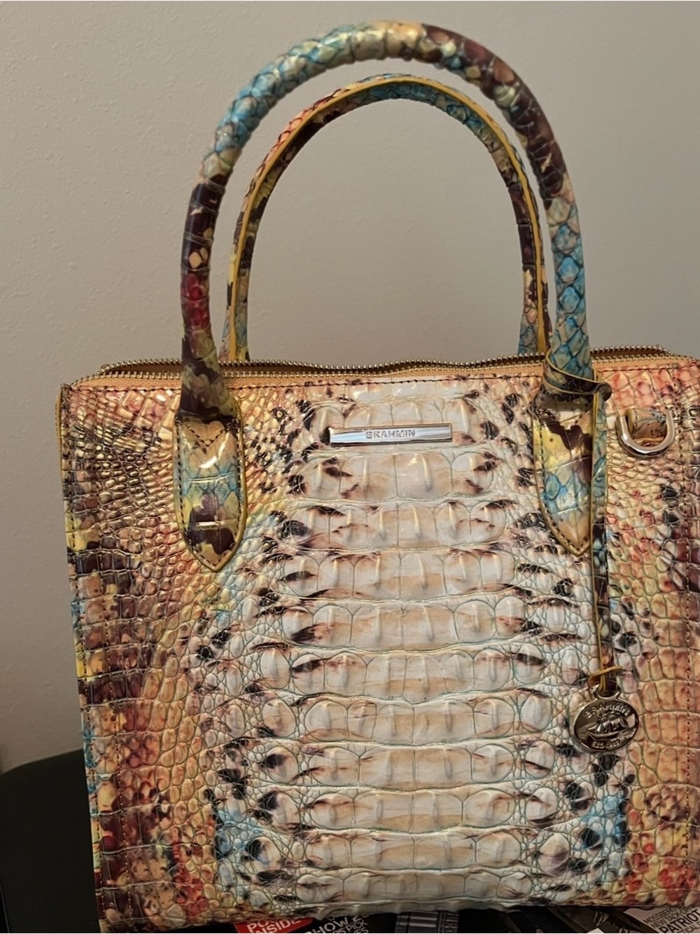 Brahmin Multicolor Croc-Embossed Leather Satchel - Ivory, Blue, Yellow, Brown